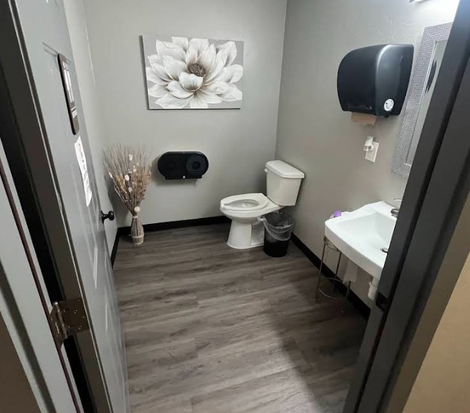 A clean, modern bathroom with gray walls and wood flooring. Features a toilet, sink, floral artwork, and a decorative vase, creating a calm ambiance.